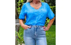 Look Mode Usa V- Neckline Linen Shirt In Royal Blue