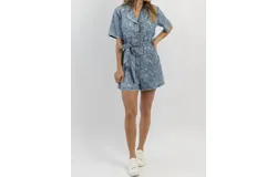 Davi & Dani Art Studio Spotted Denim Romper In Blue Denim