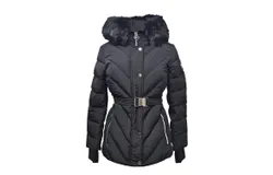 Michael Kors Women&apos;s Belted Down Chevron Scutab Stretch Quilted Faux Fur Coat Jacket In Black