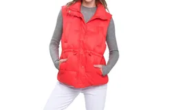 Love Tree Zip Up Button Puffer Vest In Tomato