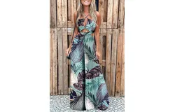 Tropical Print Cutout Halter Wide Leg Jumpsuit Femme Elegant Halter Sleeveless Pants Office Lady Casual Overalls