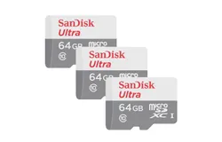3x SanDisk Ultra 64GB microSDXC Memory Card UHS-1 Upto 100 MB&sol;s Class 10 Full HD Video with SD Adapter