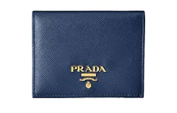 Prada Saffiano Baltico Blue Leather Gold Logo Bifold Snap Wallet