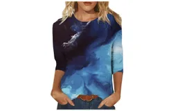 Blouse with Elasticated Summer Floral Pattern Three Quarter Sleeve Crew Neck T Shirt