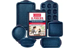blue marble bakeware set&comma; 6 piece baking pan set&comma; nonstick cookie sheet&comma; carbon steel bakeware&comma; nonstick oven pans&comma; blue silicone handle pans&comma; PFOA free bakeware&comma; durable baking trays&comma; oven safe bakeware set&comma; stackable baking pans