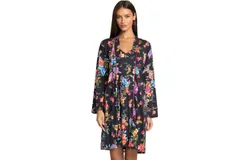 Johnny Was Women Sognatore Nero&apos;s Sleep Robe Long Sleeve Self Tie Belt Multi Floral New