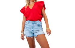 Strut & Bolt Pleated Cap Sleeve Ruffle Sweater In Red