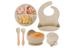 Baby silicone tableware set baby learn to eat auxiliary tableware independent eating suction cup bowl all in one Children&apos;s dinner plate BPA-free food-grade silicone-Six-piece suit in white