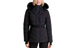 Michael Kors Scuba Quilted Belted Coat Jacket With Fur Hood In Black
