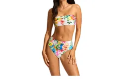 Seafolly High Waisted Bandeau Postcard Print Bikini In White Multi