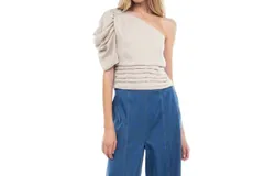 Naked Zebra Sheri Shirred One Shoulder Top In Beige