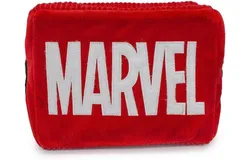Dog Toy&comma; Marvel Comics&comma; Plush Hide and Seak Squeaker&comma; Marvel Red Brick Logo Red White with Spiderman Thor and Captain Marvel&comma; 9&period;5" x 6&period;25"