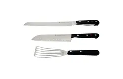 Wusthof Classic 9" Bread Knife, Silver + Wusthof Gourmet 6 1/2” Slotted Fish Spatula #9035092117 + Wusthof Gourmet 7" Hollow Edge Santoku Knife, Black