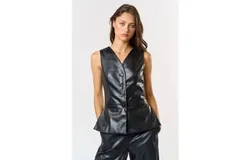 Lalavon Pu Leather Side Slit Tailored Vest In Black