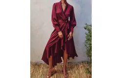 Dress Forum Satin Ruffled Midi Wrap Dress In Sangria