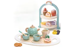 Wooden Tea Party Set for Little GirlsToddler Tea Set with Cupcake Stand & Food Pretend Play Accessories Kids Kitchen