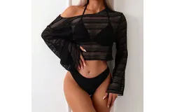Mesh Sunscreen Bikini 3-Piece Swimsuit Cover-Up Triangle Bikini&comma; Black