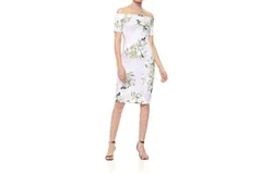 Calvin Klein Floral Print Off The Shoulder Scuba Dress In Lilac Green