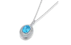 Gemstone 925 Sterling Silver Oval Gemstone Birthstone and White Moissanite Halo Necklace &vert; Oval Pendant Necklace for Women &vert; Comes with Silver Chain