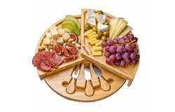 BlauKe® Bamboo Cheese Board and Knife Set – 14 inch Round Charcuterie Board&comma; Serving Tray&comma; Platter&comma; Wood Cheese Board Set with Slide-Out Drawer