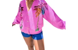 Queen Of Sparkles Palm Tree Button Sweater In Purple
