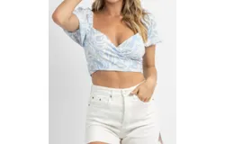 Le Lis Puff Sleeve Wrap Crop Top In Powder Blue