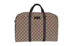 Gucci Large GG Logo Beige Canvas Brown Leather Strap Duffle Bag