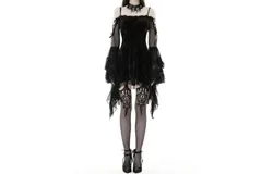 Dark In Love Gothic Velvet Ruffle Trumpet Sleeve Off Shoulder Dress In Black