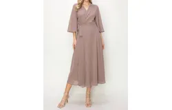 Onetheland Wrap Knit V Neck Midi Dress In Taupe