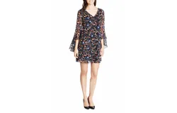 Kensie Unlined Chiffon Sleeve High Low Cuff Ruffle Detail V-Neck Shift Dress In Black