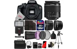 Canon EOS T100 18MP Digital SLR Camera &plus; 18-55mm lens &plus; Slave Flash &plus; 58mm Filter Kit &plus; Telephoto & Wide Angle Lens &plus; 32GB Memory Card &plus; Card Holder &plus; Reader &plus; Diffuser &plus; 50 Lens Tissue &plus; Case &plus; Tall Tripod &plus; 3pc Cleaning Kit