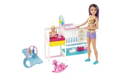 Barbie Nursery Playset with Skipper Babysitter Doll&comma; 2 Baby Dolls&comma; Crib and Working Baby Gear