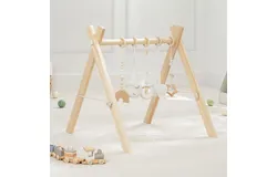 Baby Play Gym Set&comma; Wooden Baby Playgym&comma; Interactive Activity Center Hanging Bar with Gym Toys&comma; Foldable for Infants&comma; Newborn Gift for Baby Girl and Boy &lpar;Natural Wood&rpar;