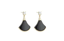 925 sterling silver zircon craft black agate fan-shaped pattern women&apos;s earrings elegant simple fashion earrings