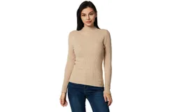 Mio Marino Lightweight Ribbed Mock Turtleneck for Women Slim Fit-Khaki-Small