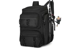 PLUSINNO Fishing Backpack with Rod Holders&comma; 42L Large Water-Resistant Fishing Tackle Bag Store Fishing Gear for Fishing&comma; Camping&comma; Hiking&comma;Black