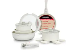 Bakken 15-Piece Non-Stick Cookware Set with Detachable Handles – Granite Stackable Pots and Pans Set&comma; Dishwasher Safe&comma; Oven-Safe&comma; and Compatible Kitchen Essential for All Stoves – Cream