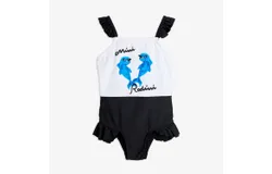Mini Rodini Girl&apos;s Dolphins Frill Swimsuit In Black&sol;white