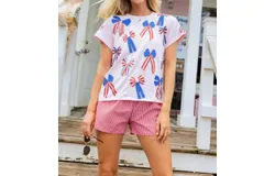 Queen Of Sparkles Red&comma; White And Blue Scattered Bow Tee In Pink