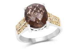4&period;87 Carat Genuine Smoky Quartz And Yellow Diamond &period;925 Sterling Silver Ring