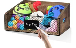 Wood Toy Storage Bin&comma; Dog Toy Basket&comma; Dog Toy Storage Box&comma; Large Dog Stuff Organizer with Handle&comma; Dog Toy Bin with Chalkboard and Marker&comma; Toy Storage Basket for Dog Cat&comma; Pet Stuff Storage Bin&comma; Brown