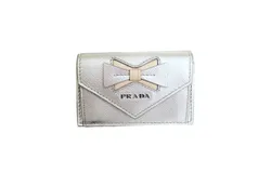 Prada Ribbon Saffiano Metallic Silver and Beige Leather Trifold Wallet