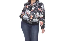 White Mark Floral Bomber Jacket - Plus Size In Black