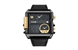 6&period;11 Men Leather Band Rectangle Dial Analog Quartz Watches 3 Time Zones Waterproof Electronic Wristwatch