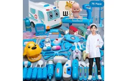 Children&apos;s doctor toy set tool medical box&comma; blue sound and light medical car 75-piece set 5 functions &plus; doctor uniform