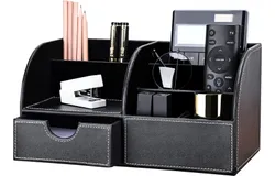 Pu leather desk storage box pen holder office supplies storage box 6 compartments with drawer black