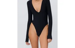 Eterne Long Sleeve Deep V Bodysuit In Black