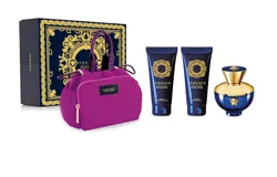 Versace Dylan Blue for Women - 4 Pc Gift Set - 3&period;4oz EDP Spray&comma; 3&period;4oz Sublime Body Lotion&comma; 3&period;4oz Sublime Bath and Shower Gel&comma; Makeup Case