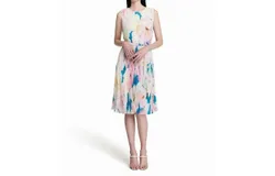 Calvin Klein Floral Print Pleated Belted A Line Dress In Multicolor
