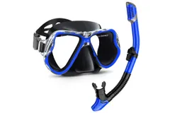 Greatever Dry Snorkel Set&comma;Panoramic Wide View&comma;Anti-Fog Scuba Diving Mask&comma;Professional Snorkeling Gear-Blue